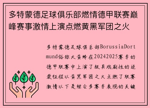 多特蒙德足球俱乐部燃情德甲联赛巅峰赛事激情上演点燃黄黑军团之火